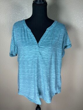 L.L. Bean Heathered Teal Notch Neck Short Sleeve Top